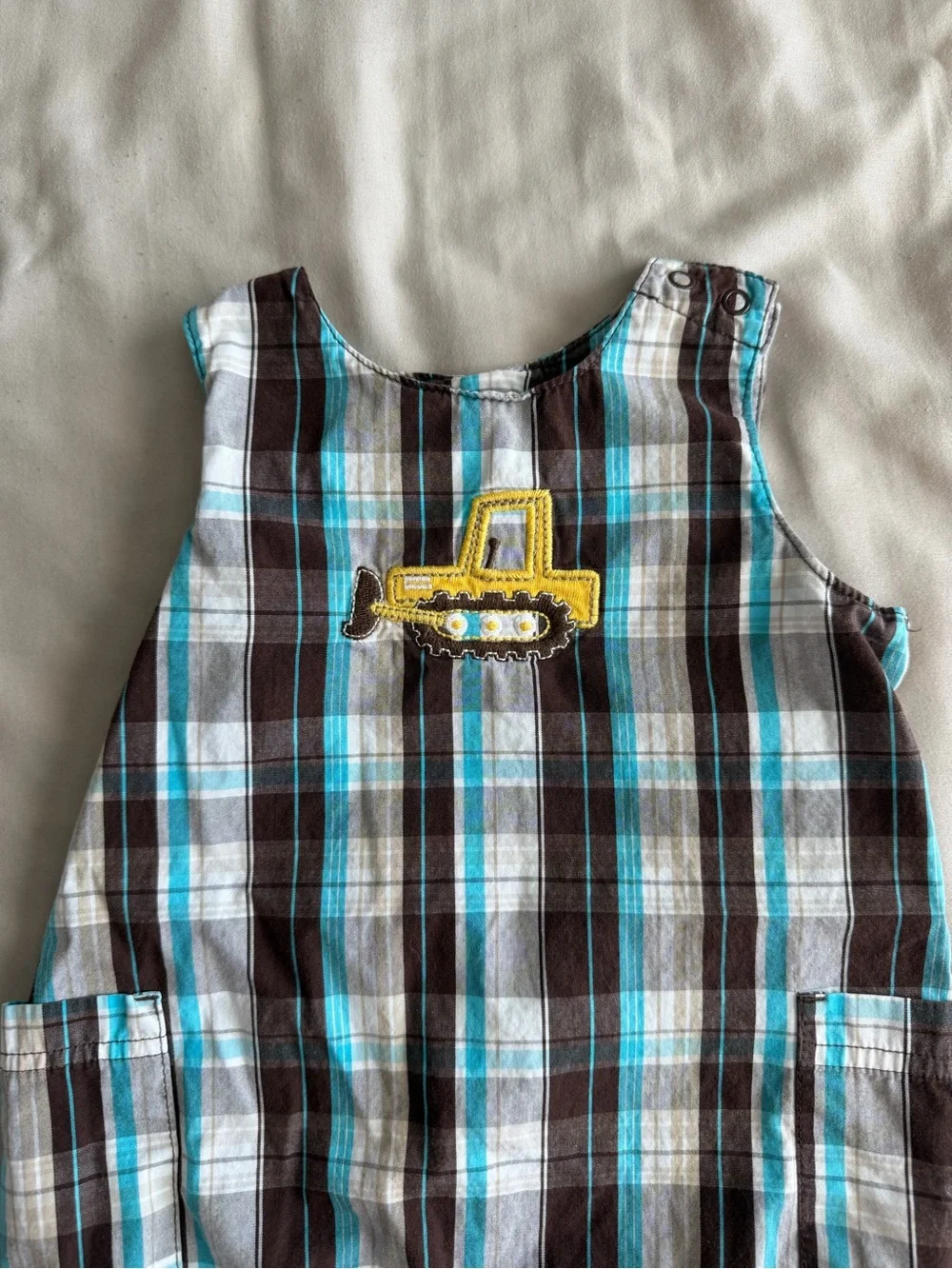 Carters Blue and Brown Plaid Construction Romper (0-3M)